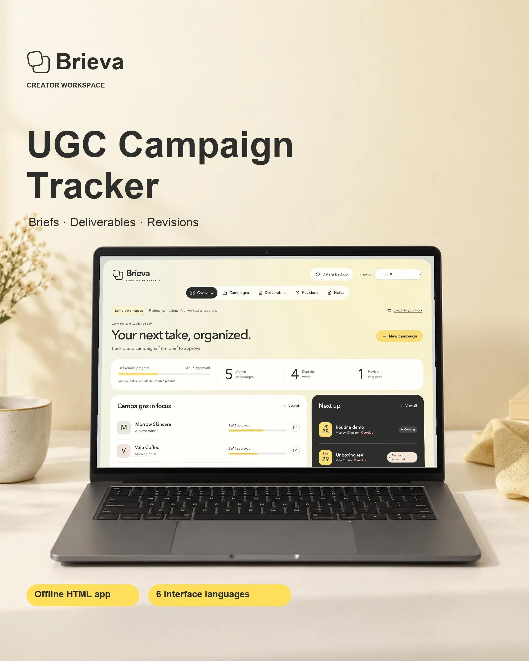 Brieva UGC Campaign Tracker on a laptop, showing the sample Overview and six interface languages.