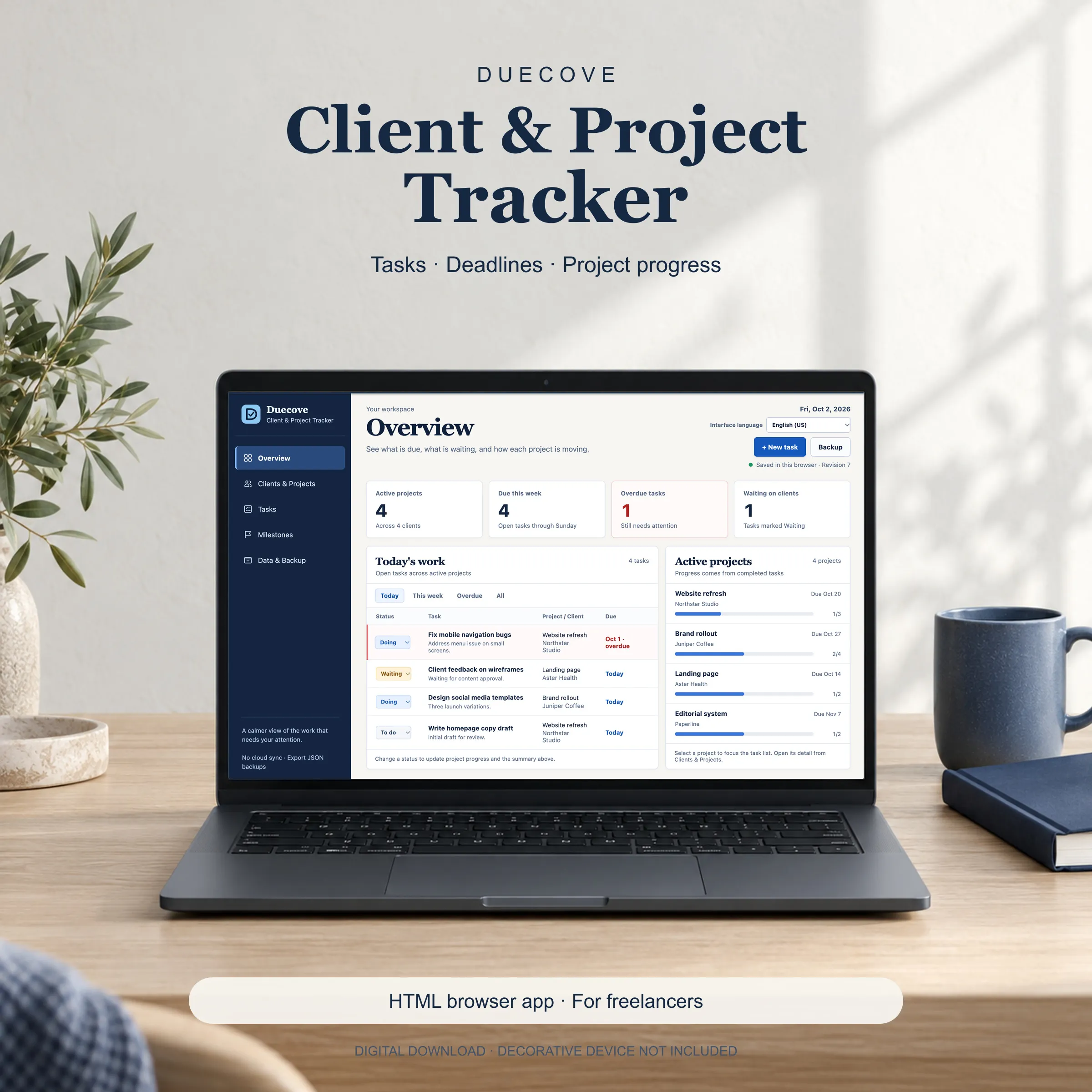 Duecove Client and Project Tracker on a laptop in a bright workspace. The Overview shows fictional client projects, task statuses, deadlines and progress.